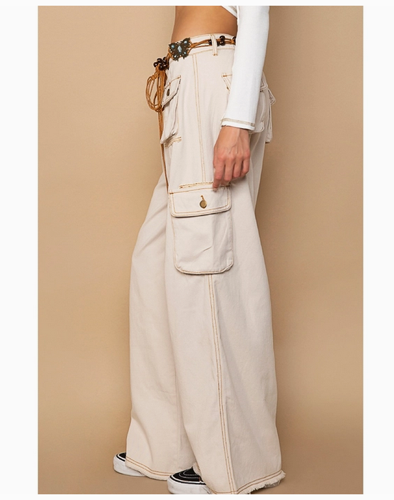 Elastic Waist Band Cargo Pockets Wide Leg Long Pants