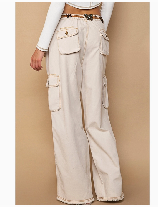 Elastic Waist Band Cargo Pockets Wide Leg Long Pants
