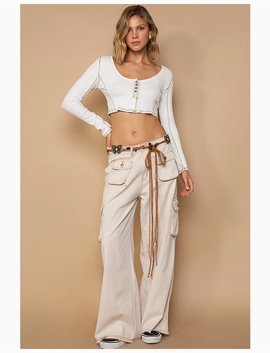 Elastic Waist Band Cargo Pockets Wide Leg Long Pants