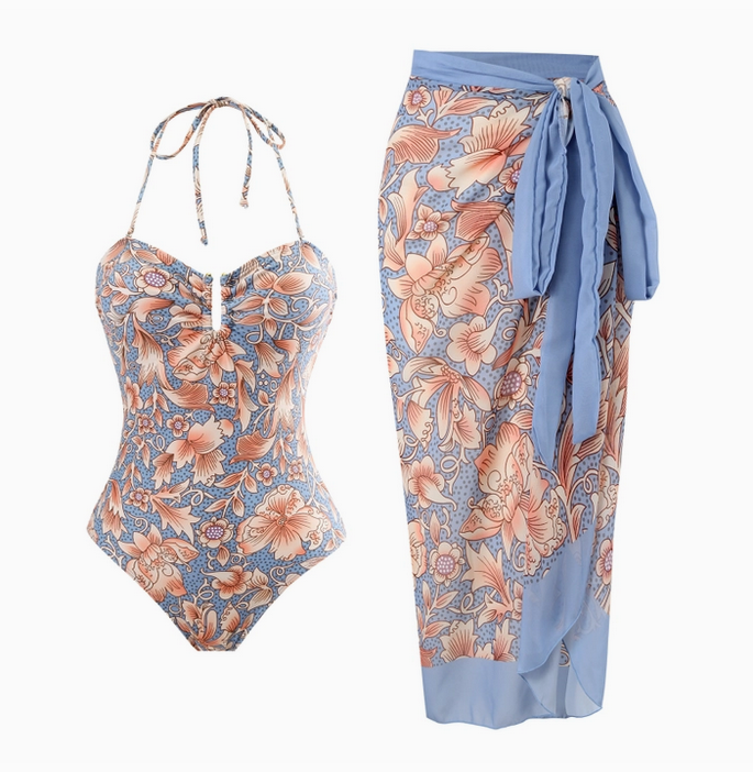 Painted Boho Floral Halter Bandeau One Piece Swimsuit