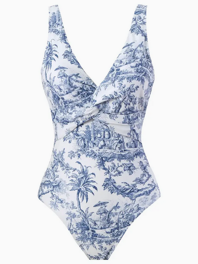Blue Porcelain Print Plunge One Piece Swimsuit