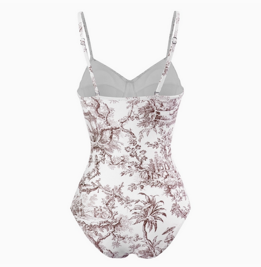 Brown Oriental Porcelain Print Strappy One Piece Swimsuit