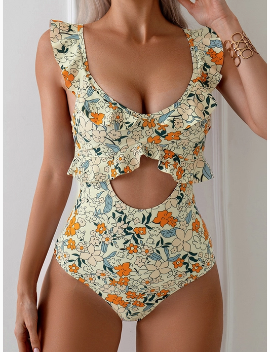 Yellow Floral Ruffle Sleeve One-Piece Swimsuit