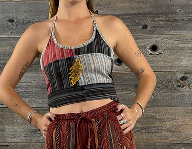 Women's Nepali Stripe Patchwork w/ Red Grateful Dead 13 Point Bolt Embroidery Corset Back Chest Cover Up