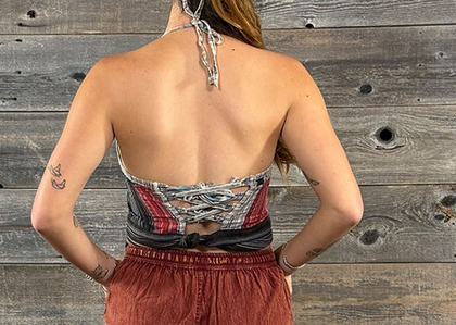 Women's Nepali Stripe Patchwork w/ Red Grateful Dead 13 Point Bolt Embroidery Corset Back Chest Cover Up