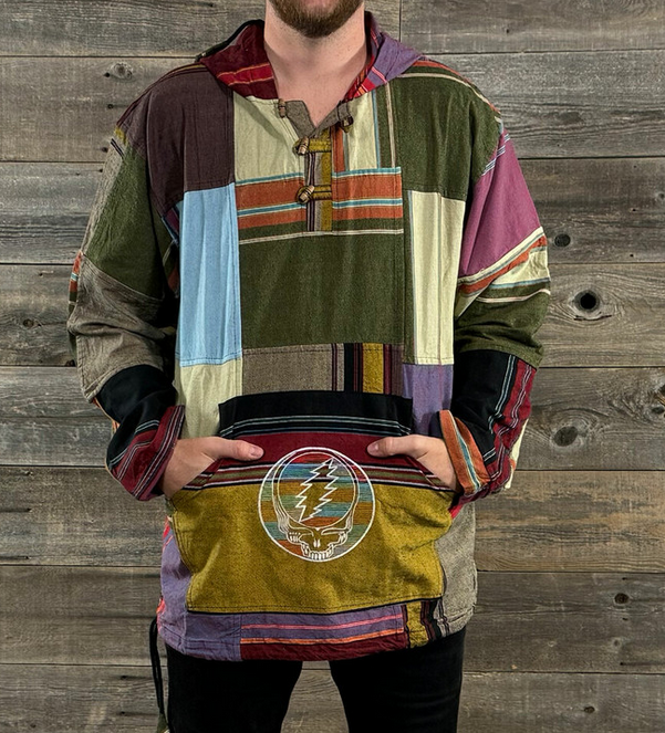 Unisex Hoodie Cotton Patchwork Hoodie w/ Tonal Grateful Dead Steal Your Face Embroidery & Front Pouch Pocket