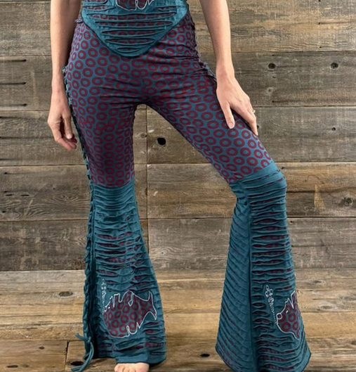 Women's Cotton Lycra Phish Donut Print Razor-Cut Side Tied Bell Bottom Pants