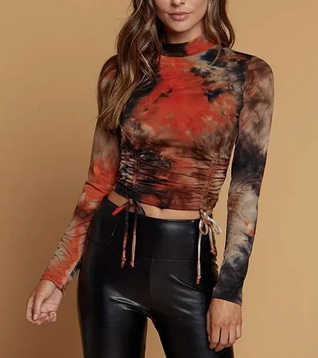 Women's Poly Spandex Tie-Dye Ruched Scrunch Waist Mock Neck Long-Sleeve Top