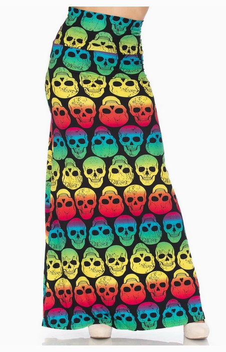Women's Poly Spandex Buttery Smooth Rainbow Skulls Maxi Skirt