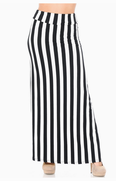 Women's Poly Spandex Buttery Smooth Black & White Beetle Striped Maxi Skirt