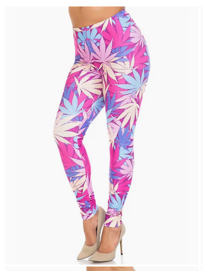 Women's Poly Spandex Creamy Soft Pot Leaf Plus Size Leggings