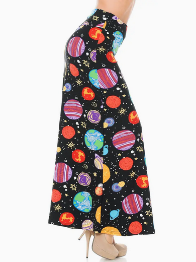 Women's Poly Spandex Buttery Smooth Planets in Space Maxi Skirt