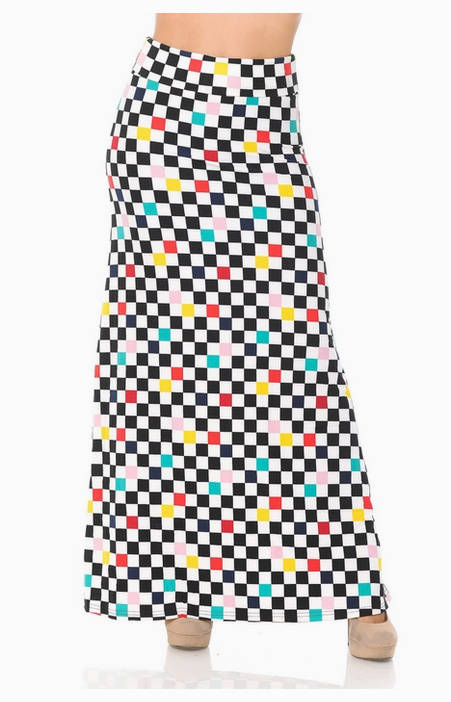 Women's Poly Spandex Buttery Smooth Checkered Color Accent Maxi Skirt