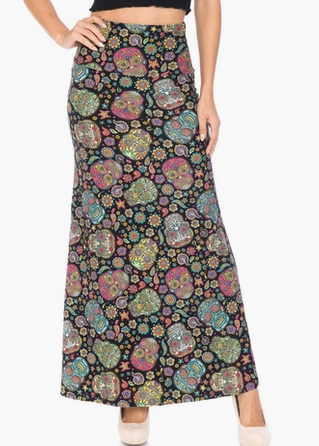 Women's Poly Spandex Buttery Smooth Mandala Sugar Skull Maxi Skirt