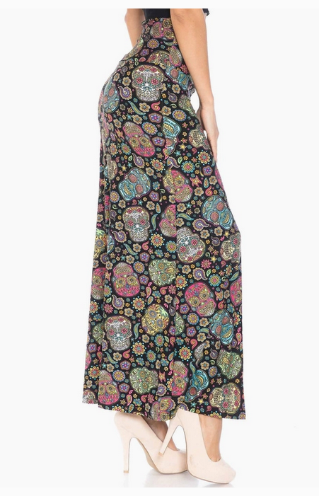 Women's Poly Spandex Buttery Smooth Mandala Sugar Skull Maxi Skirt