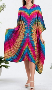 Women's Rayon Tie-Dye V-Neck Boxy Midi Dress