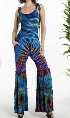 Women's Rayon Spandex Tie-Dye Backless Bell Bottom Jumpsuit w/ Pockets