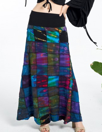 Women's Viscose Spandex Tie-Dye Square Patchwork Long Skirt