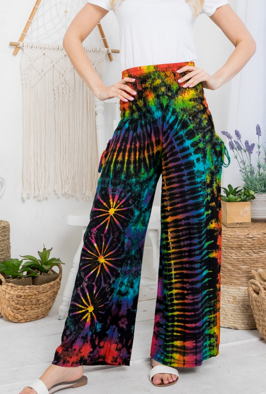 Women's Rayon Tie-Dye Smocked Elastic Waist Wide Leg Pants
