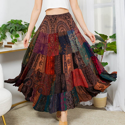 Women's Mixed Patchwork Long Flow Skirt