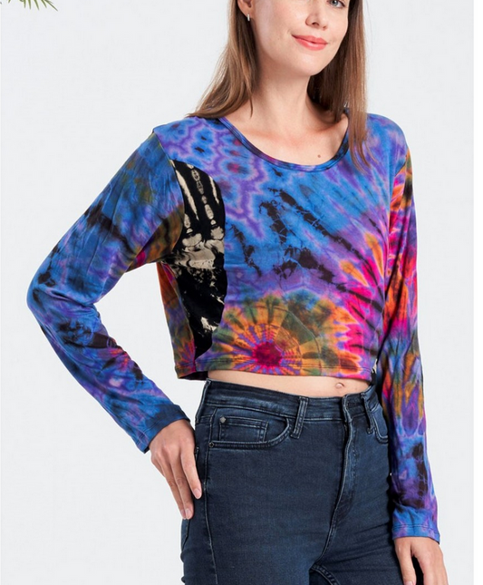 Women's Rayon Spandex Tie-Dye Patchwork Long Sleeve Top