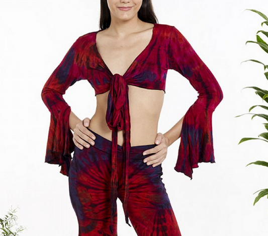Women's Rayon Spandex Tie-Dye Front-Tie Bell Sleeve Crop Top