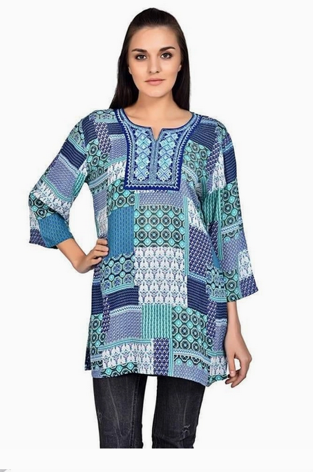 Women's Blue Abstract Print Tunic Top