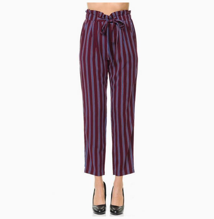 Women's Multi-Striped Tie-Front High Waist Paperbag Woven Pants