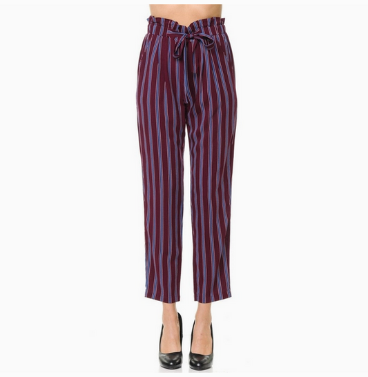 Women's Multi-Striped Tie-Front High Waist Paperbag Woven Pants