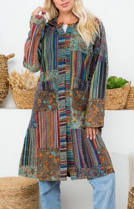 Women's Cotton Patchwork Buttoned Hoodie Jacket
