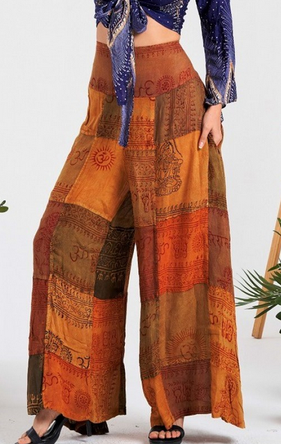 Women's Rayon Patchwork Wide-Leg Elastic Waist Pants