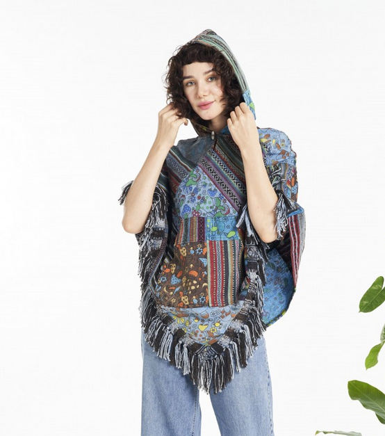 Women's Cotton Mushroom Patchwork Fringe Poncho Hoodie
