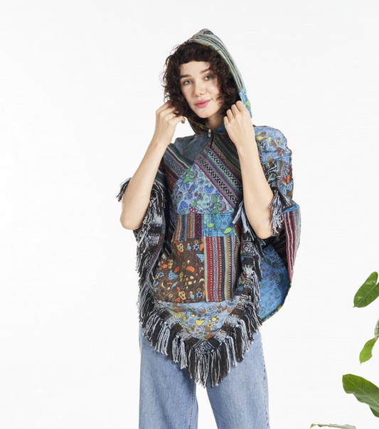 Women's Cotton Mushroom Patchwork Fringe Poncho Hoodie