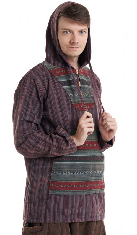 Men's Cotton Pullover Tribal Patchwork Striped Hooded Shirt