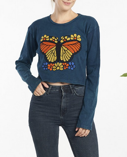 Women's Cotton Floral Butterfly Long-Sleeve Crop Top