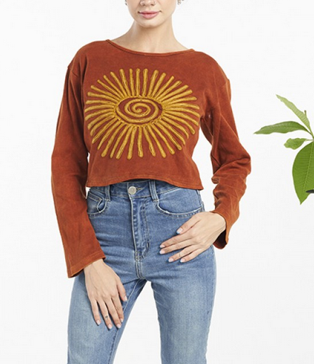 Women's Cotton Long-Sleeve Swirling Sun Crop Top