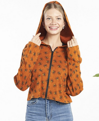 Women's Cotton Zip-Up Bee Print Hoodie