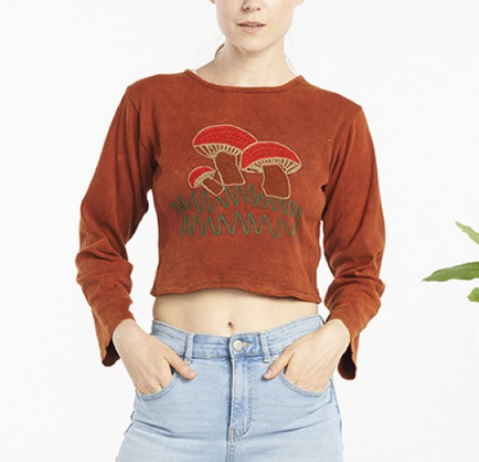 Women's Cotton Mushroom Print Long-Sleeved Crop Top