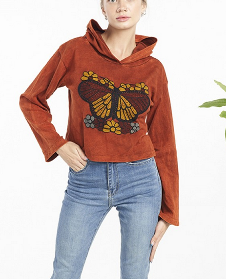 Women's Cotton Floral Butterfly Long-Sleeve Pullover Hoodie
