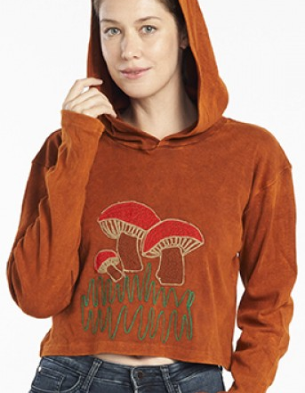 Women's Cotton Mushroom Embroidered Crop Hoodie
