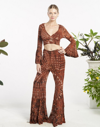 Women's Tie-Dye V Neck Bell Sleeve Crop Top