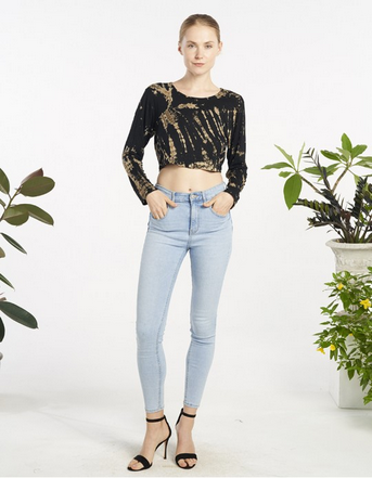 Women's Tie-Dye Round Neck Long Sleeve Crop Top