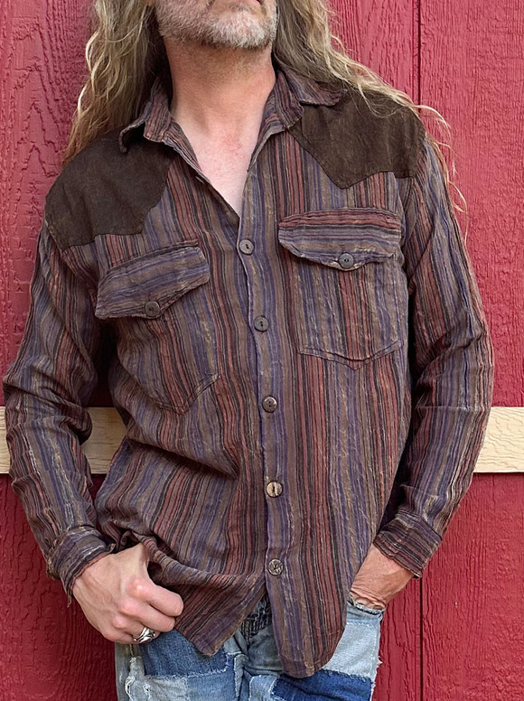 Men's Cotton Striped Button Up Long Sleeve Cowboy Shirt