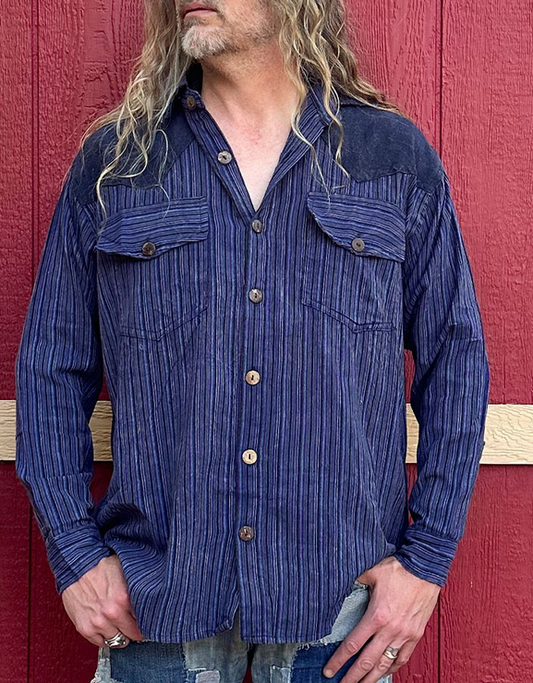 Men's Cotton Striped Button Up Long Sleeve Cowboy Shirt