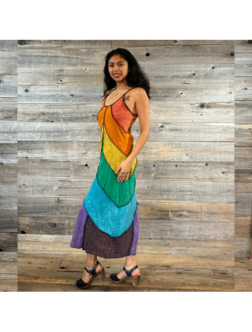 Women's Stonewash Cotton Rainbow Panel Patchwork Maxi Dress