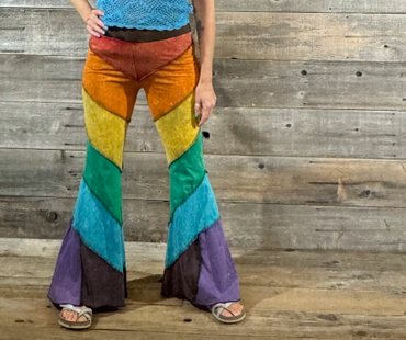 Women's Light Stonewash Cotton Rainbow Panel Patchwork Bell Bottom Pants
