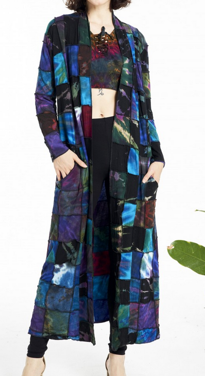 Women's Viscose Spandex Tie-Dye Cubic Patchwork Duster Cardigan Jacket