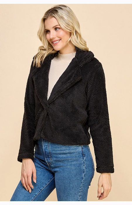 Women's Sherpa Notched Collar Open Front Crop Sherpa Jacket