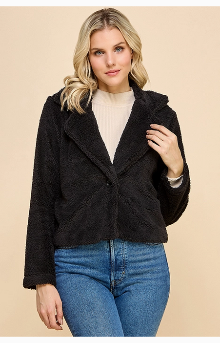 Women's Sherpa Notched Collar Open Front Crop Sherpa Jacket