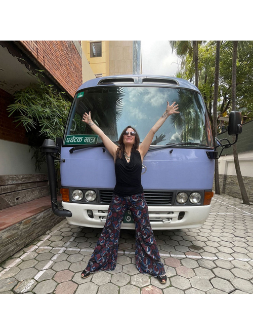 Women's Cotton High Waist Wide Leg Pants w/ Multi Grateful Dead Steal Your Face & Roses Print & Front Pockets